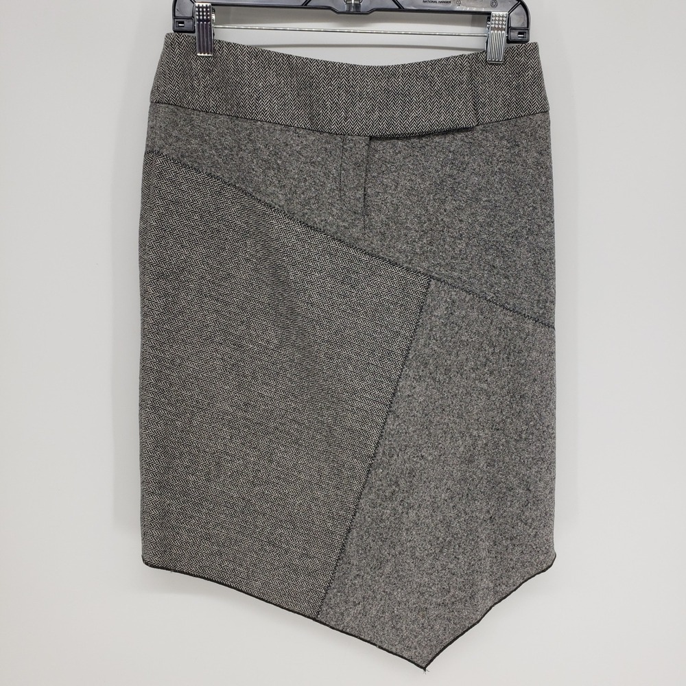 Y2K Bebe Asymmetrical Herringbone Skirt Womens Size 8 Black White Wool Patchwork